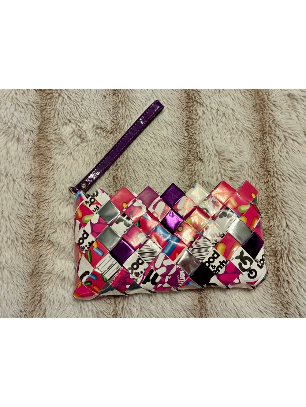 Handmade Good & Plenty Candy Wrapper / Juice Pouch Woven Wristlet Clutch